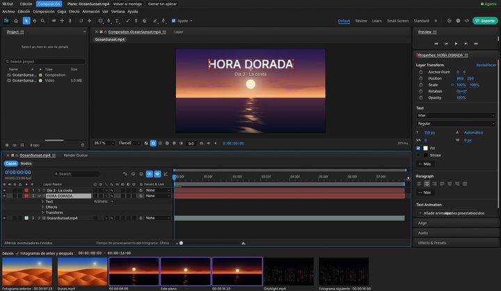 1B Cut: Doble clic en un plano: se abre su composición, con los fotogramas de antes y de después del montaje abajo.