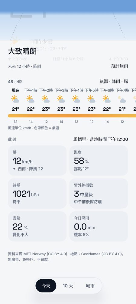1B Weather: 一條色帶看 48 小時：氣溫、降雨和風