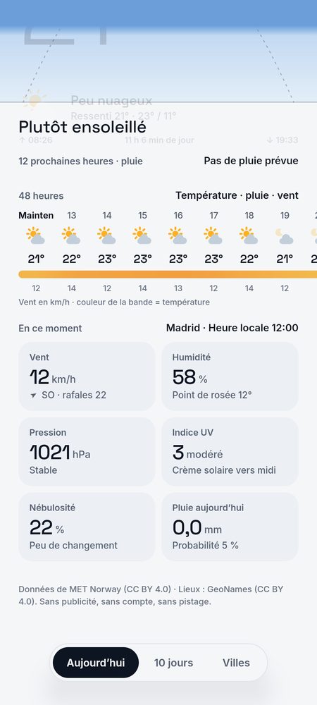 1B Weather: 48 heures sur un seul ruban : température, pluie et vent