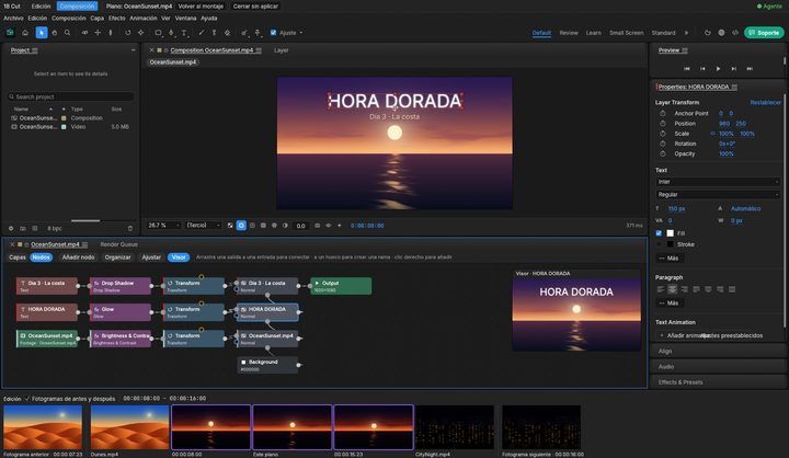 1B Cut: La misma composición en nodos, con un visor sobre el nodo seleccionado.