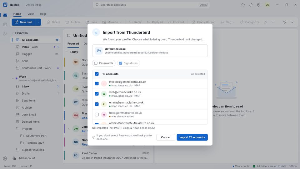 1B Mail: Importazione di 13 account da Thunderbird