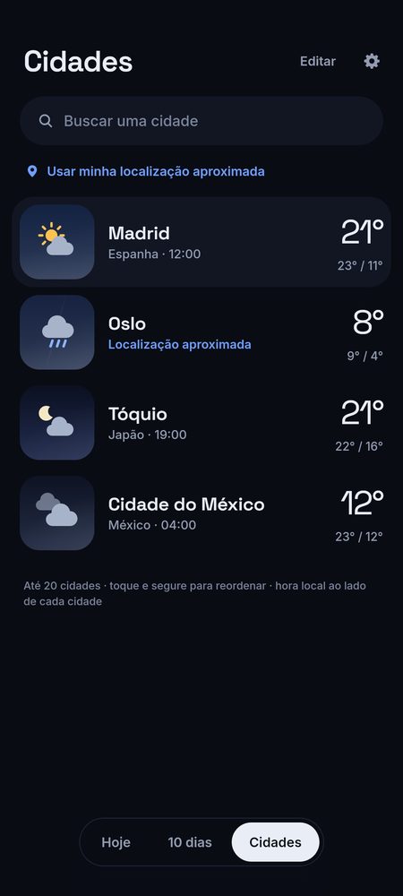 1B Weather: Até 20 cidades, com o horário local