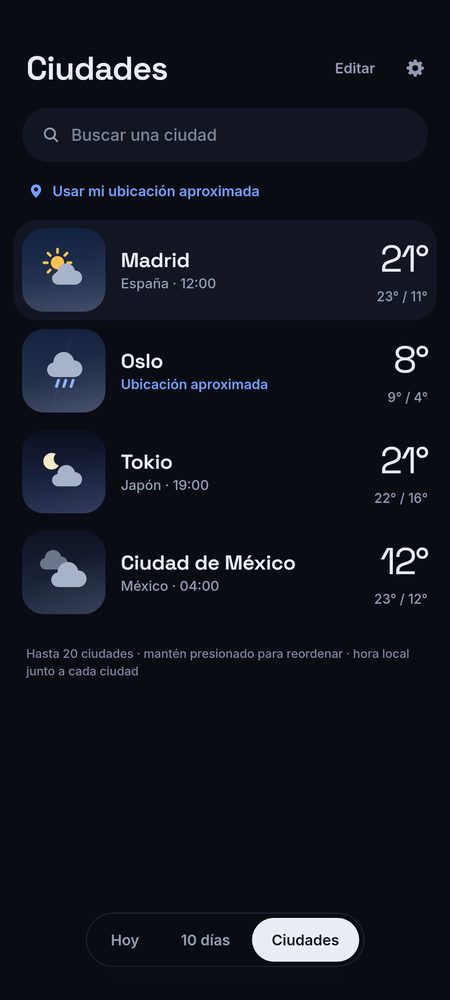 1B Weather: Hasta 20 ciudades, con su hora local