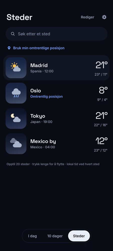 1B Weather: Opptil 20 steder, med lokal tid