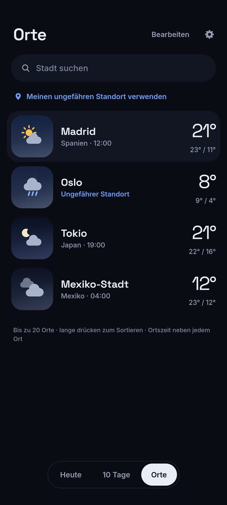 1B Weather: Bis zu 20 Orte, mit Ortszeit