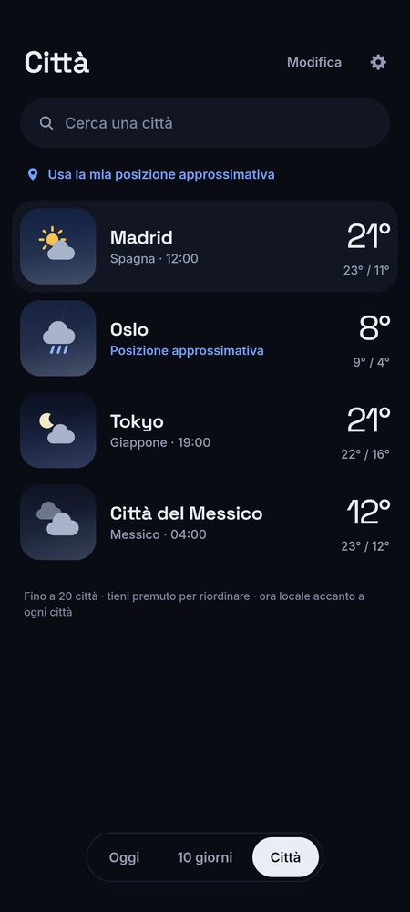 1B Weather: Fino a 20 città, con l’ora locale