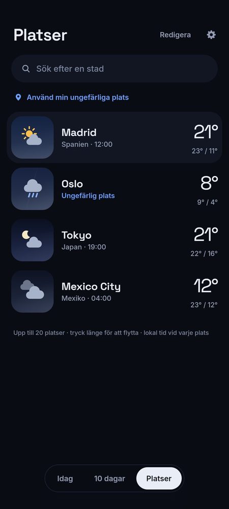 1B Weather: Upp till 20 platser, med lokal tid