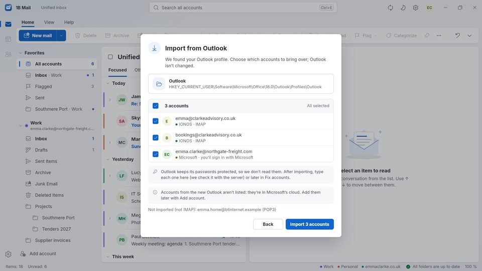1B Mail: Importazione di account da Outlook classico su Windows
