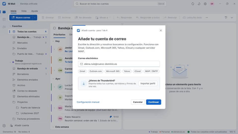 1B Mail: Agregar una cuenta: basta con escribir la dirección