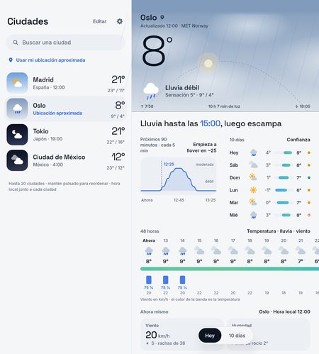 1B Weather: Desplegado: tus ciudades a un lado y el pronóstico al otro