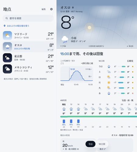 1B Weather: 開いた状態：片側に地点、もう片側に予報