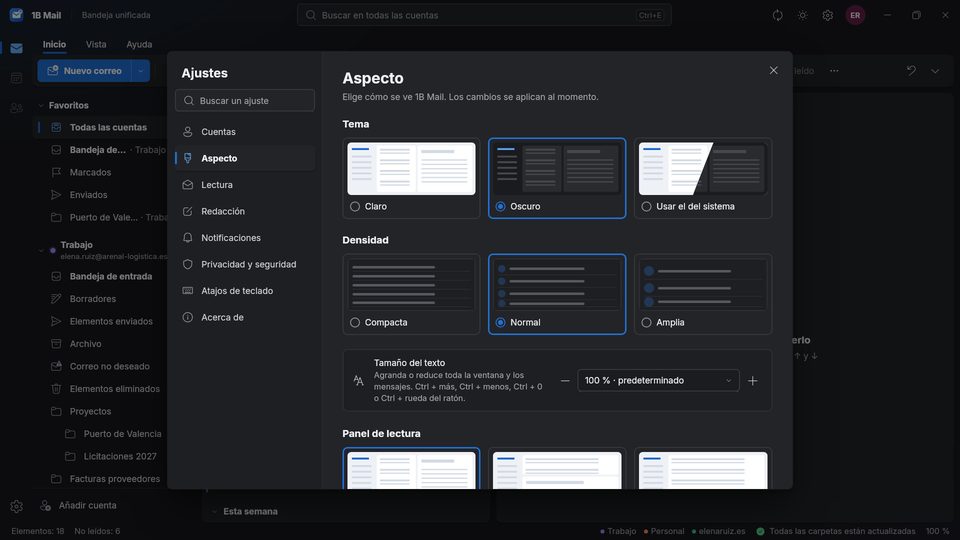 1B Mail: Configuración › Apariencia en modo oscuro
